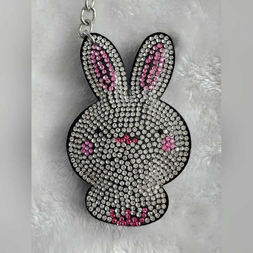 Cute Rhinestone Bunny Keychain with Pink Accents Easter Spring Bag Charm
